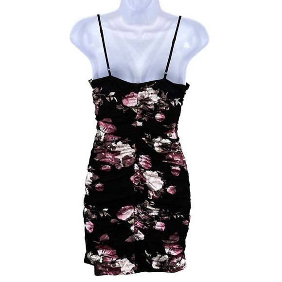 Black Foiled Pink Floral Ruched Mini Dress Bodycon Coquette Whimsigoth Womens S - Picture 2 of 16